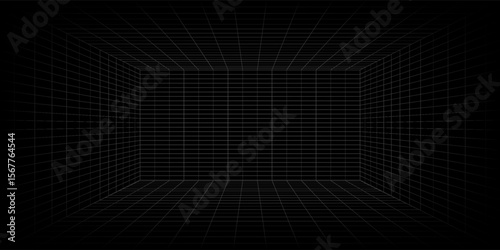 Futuristic perspective grid box. Abstract wireframe with white grid line on black background. Virtual reality landscape in 80s 90s digital style. Vector illustration.