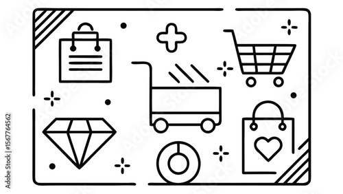 Shopping icons diamond shopping cart plus sign shopping bag with heart vector