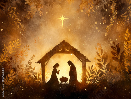 Nativity scene depicting the birth of Jesus under a shining star with a warm, natural backdrop
