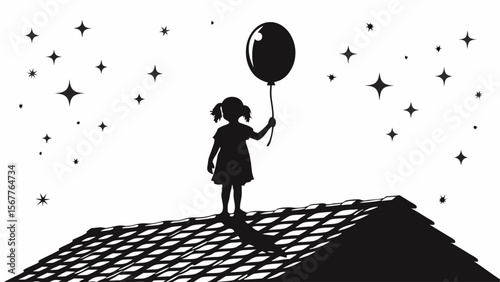 Silhouette of a girl with a balloon standing on a roof under a starry sky in black and white illustration