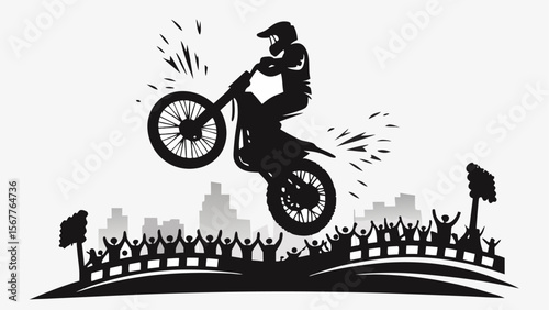 Silhouette of a motocross rider performing a jump over a crowd with a city skyline in the background