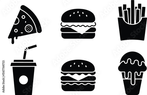 Slice of pizza burger fries drink and ice cream pepperoni cheese