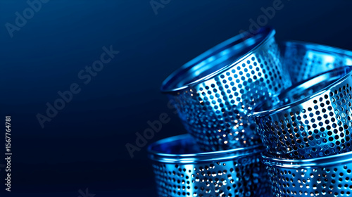 Various-sized, gleaming metal graters and strainers for cooking and kitchen preparation