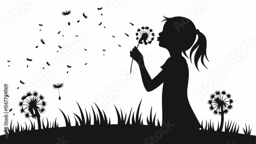 Silhouette of a girl blowing a dandelion in a field with grass and scattered seeds in the air outdoors scene