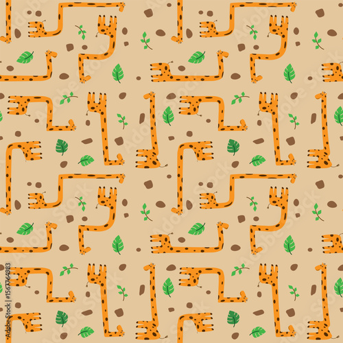 Seamless vector pattern with cartoon giraffes, jungle leaves and abstract pebbles on beige background for kids design