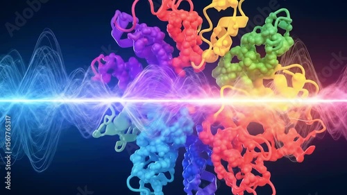 Colorful molecular structure representing protein synthesis with sound waves in the background