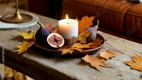 Lit white candle centerpiece with fall leaves and fresh figs on a wooden table, cozy autumn home decor footage.