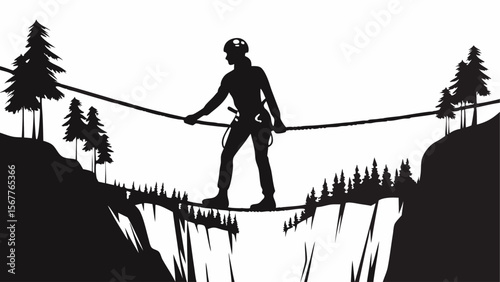 Silhouette of a person walking on a rope bridge across a chasm with trees and cliffs on both sides