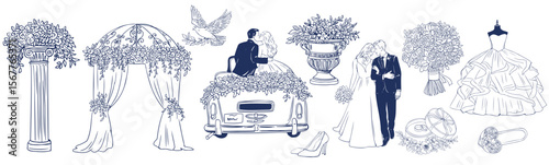 Wedding Ceremony Decor Clipart Minimalist Floral Arches, Bouquets, Car and Bride and Groom in Elegant Line Art Style