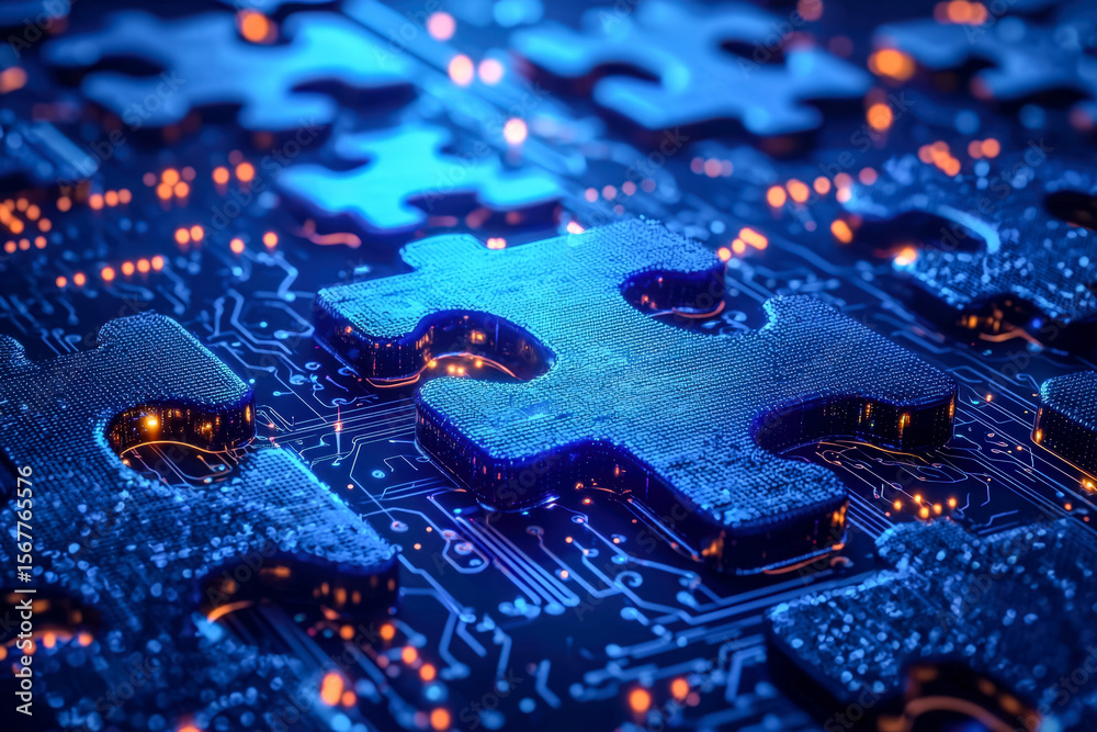 Fototapeta premium Innovative digital puzzle piece representing blockchain technology and connectivity