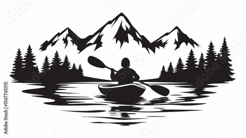 Silhouette of a person kayaking on a lake with mountains and trees in the background in black and white art