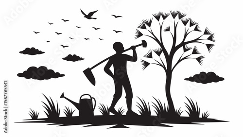 Silhouette of a farmer with a hoe, watering can, tree, birds and clouds in a monochrome landscape view