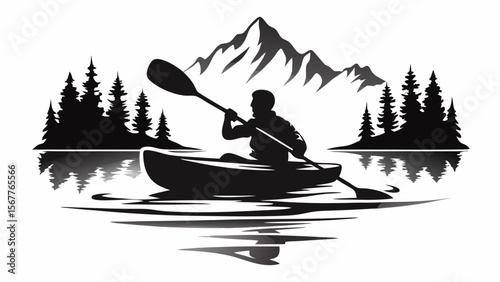 A silhouette of a person kayaking on a lake with mountains and trees in the background in black and white