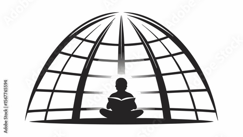 Silhouette of a person reading a book while sitting in a lotus position under a dome shaped structure