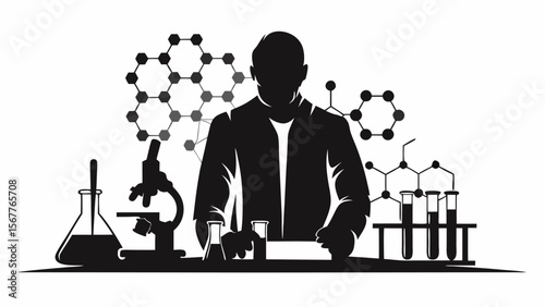 Silhouette of scientist with microscope beakers and molecular structures in a laboratory setting shown