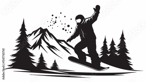 Silhouette of a snowboarder in mid air with mountains and pine trees in the background design vector