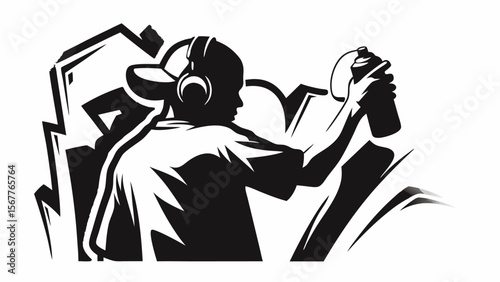 Silhouette of a man with headphones and a cap spraying graffiti on a wall in black and white style