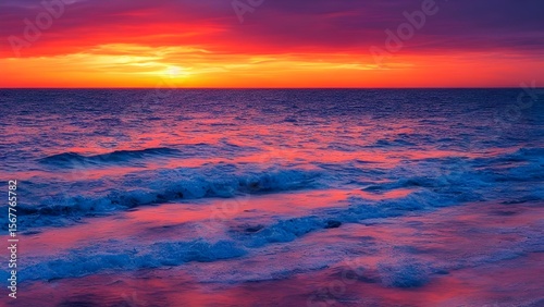 Beautiful sunset sky over the ocean, reflecting orange and red light on the water and beach, creating a stunning twilight landscape