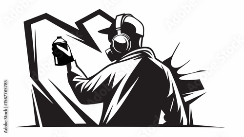 Silhouette of graffiti artist spraying a large letter with headphones and gas mask in black and white