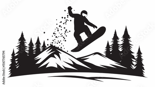 Silhouette of a snowboarder jumping over mountains with trees and snow details in a monochrome design