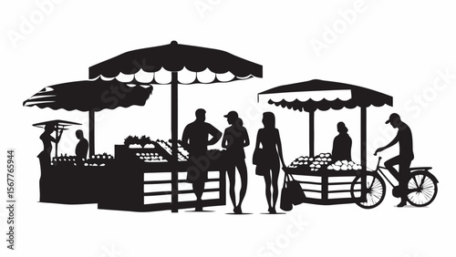 Silhouette illustration of people shopping at outdoor market stalls with produce and a cyclist nearby