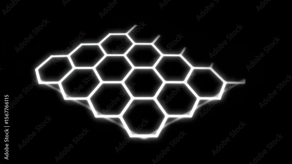 Animated single-line drawing of an interconnected hexagonal grid forming in glowing white strokes on black background, symbolizing digital architecture, modular systems, and futuristic networks