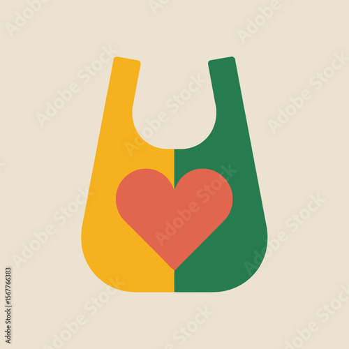 A stylized illustration of a yellow and green baby bib featuring a central coral red heart shape simple minimalist design perfect for baby products branding or children's apparel