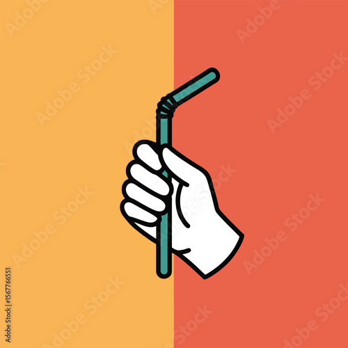 A teal plastic drinking straw held by a white gloved hand against a split background of orange and coral