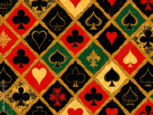 geometric pattern with card suits icons on checkered ornament in rhombus grid Hearts, clubs, spades, diamonds symbols