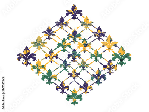 Mardi Gras seamless pattern with holiday symbols, strings of beads Geometric pattern with vertical stripes