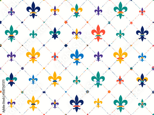 Mardi Gras seamless pattern with holiday symbols, strings of beads Geometric pattern with vertical stripes