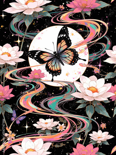  fluorescent fantasy pattern with moon, butterfly, dragonfly, paint brush strokes, splattered paint