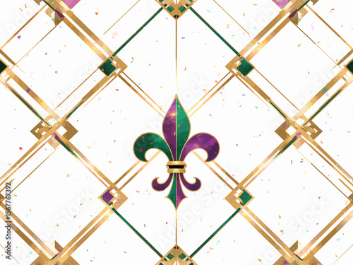 Mardi Gras seamless pattern with holiday symbols, strings of beads Geometric pattern with vertical stripes