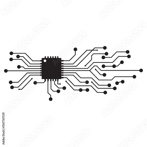 Abstract vector illustration of a microchip and circuit board design elements