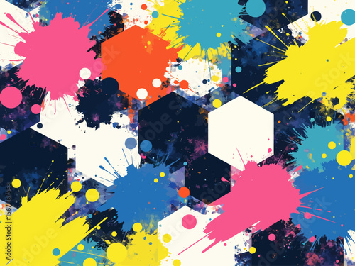  hexagons, paint brush strokes, paint splatter, smudge of neon bright colors 