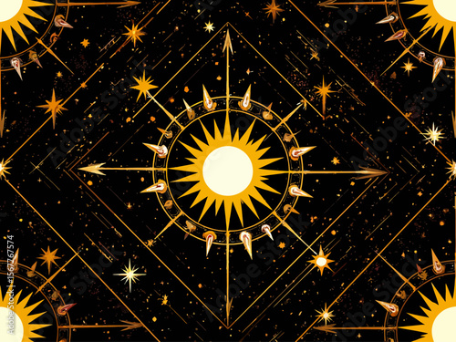 Horoscope wheel with sun eclipse, seamless geometric pattern with icons of all zodiac signs, stars