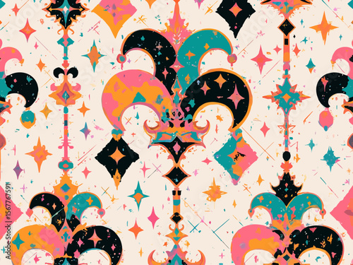 Mardi Gras seamless pattern with holiday symbols, strings of beads Geometric pattern with vertical stripes