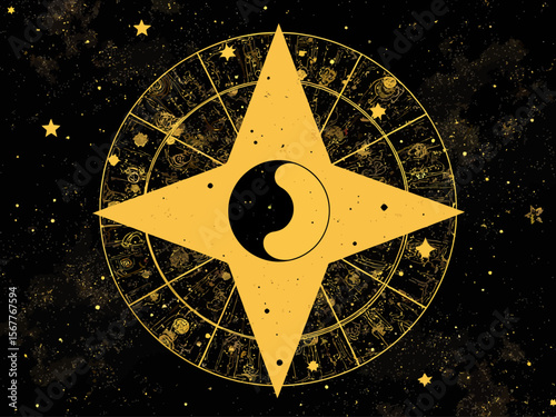 Horoscope wheel with sun eclipse, seamless geometric pattern with icons of all zodiac signs, stars