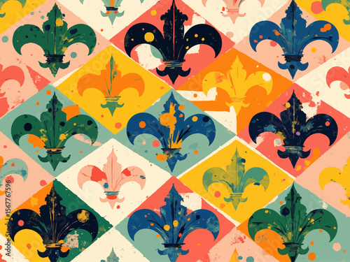 Mardi Gras seamless pattern with holiday symbols, strings of beads Geometric pattern with vertical stripes