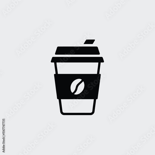 Black and White Icon of a Disposable Coffee Cup with Lid and Straw Coffee Bean Symbol on Sleeve Simple Minimalist Design Take Away Beverage Graphic