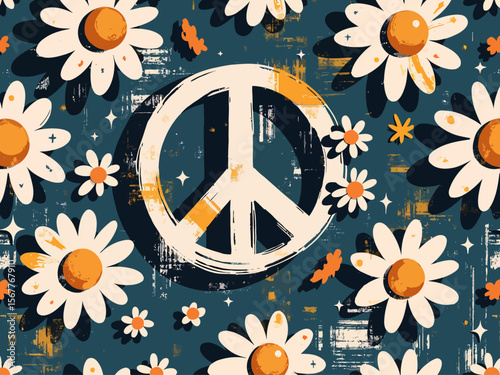  peace sign, chamomile flowers, brush strokes, smudge paint, paint splatter on blue jeans texture