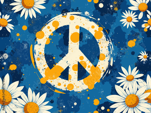  peace sign, chamomile flowers, brush strokes, smudge paint, paint splatter on blue jeans texture