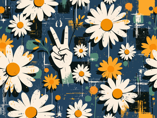  peace sign, chamomile flowers, brush strokes, smudge paint, paint splatter on blue jeans texture