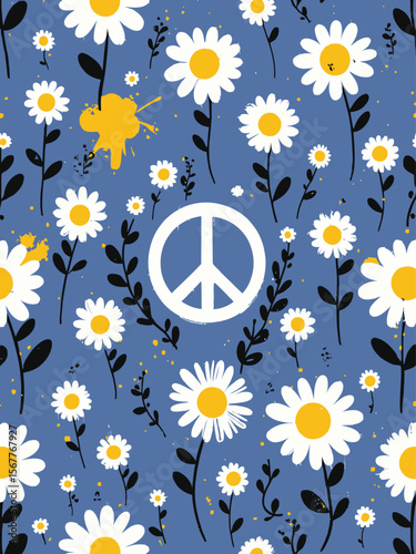  peace sign, chamomile flowers, brush strokes, smudge paint, paint splatter on blue jeans texture