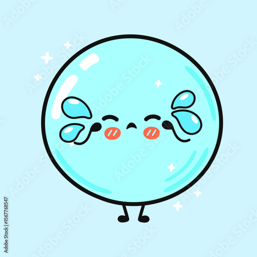 A cute, sad cartoon bubble character with tears and rosy cheeks on a light blue background.