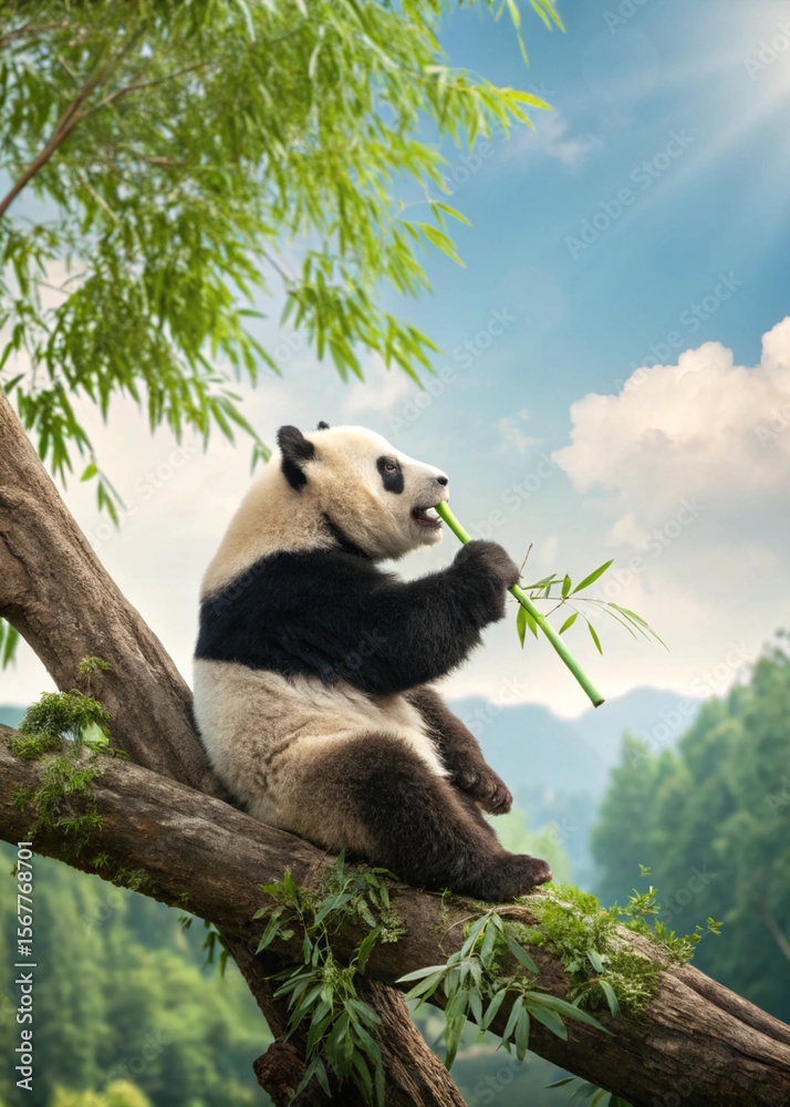 Obraz premium panda eating bamboo