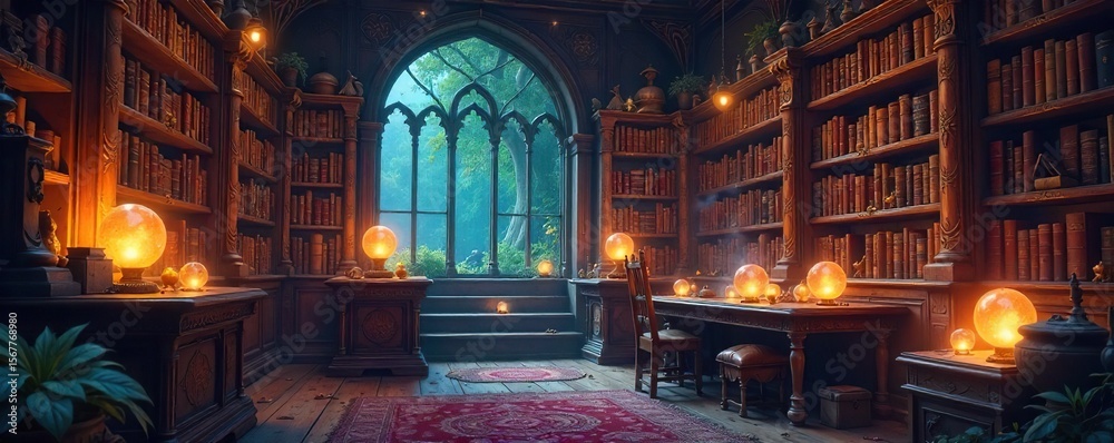 Obraz premium A whimsical library filled with antique fairytale books, glowing orbs, and magical artifacts, perfect for illustrating childhood fantasy and wonder , fairytale world, wizard, hidden