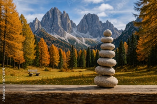 Rock arrangement on a park bench during a walk in a mountain village