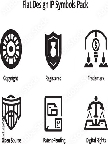 A collection of six intellectual property symbols in black and white flat design style displayed on a light background