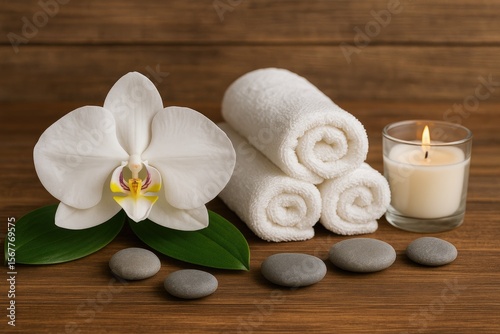 Elegant still life featuring vibrant blooming orchid, relaxing spa elements, and smooth pebbles on a wooden surface